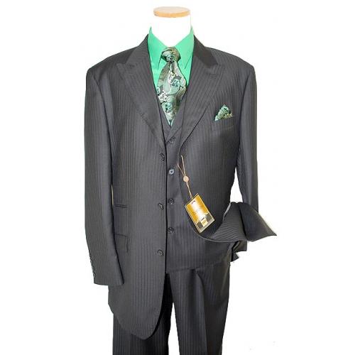 Bertolini Black Shadow Pinstripes Super 140's Merino Wool & Silk Suit 66053