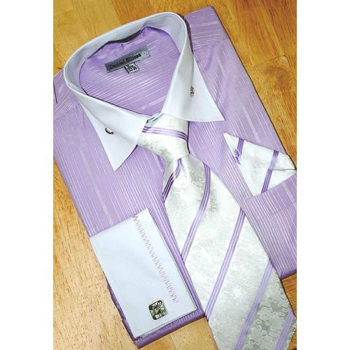 Daniel Ellissa Lavender/White With Embroidered Design  Shirt/Tie/Hanky Set DS3736P2