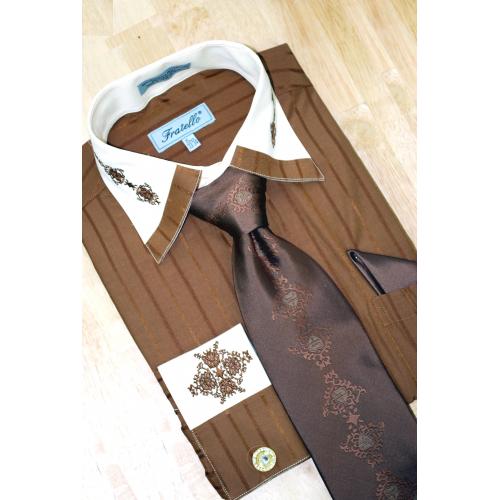 Fratello Chocolate/Butter w/ Paisley Design Shirt/Tie/Hanky Set FRS9302P2