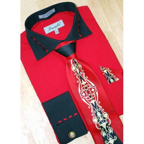 Fratello Red/Black w/ Dash Design Shirt/Tie/Hanky Set DS3721P2