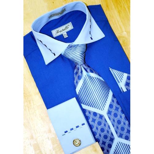 Fratello Royal Blue/Sky Blue w/ Dash Design Shirt/Tie/Hanky Set DS3721P2