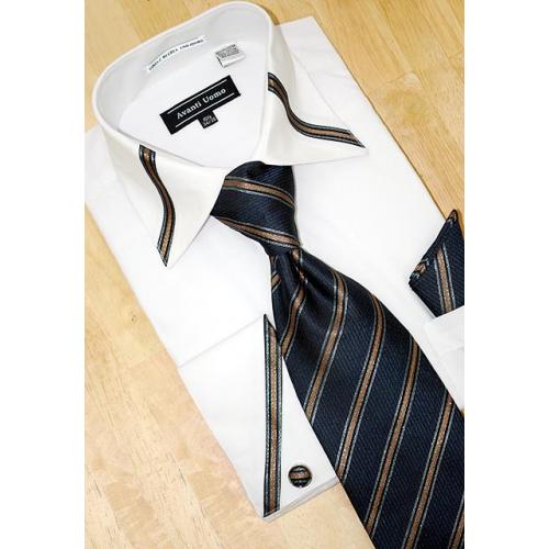 Avanti Uomo White/Navy With Lurex Stripes Shirt/Tie/Hanky Set & Free $50 Cufflings