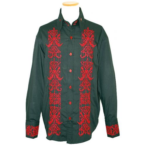 Manzini Black With Red Emroidered Design Button Down High Collar Long Sleeves 100% Cotton Shirt With French Cuffs MZ-86