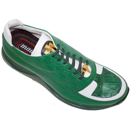 Mauri 8702 Leaf Green/White Genuine Alligator And Mauri Embossed Nappa Leather Sneakers With Gold Mauri Alligator Head