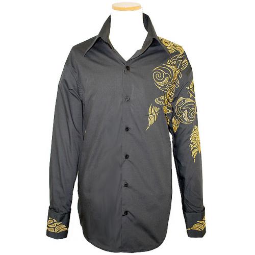 Manzini Black With Gold Emroidered Design High Collar Long Sleeves 100% Cotton Shirt With French Cuffs MZ-90