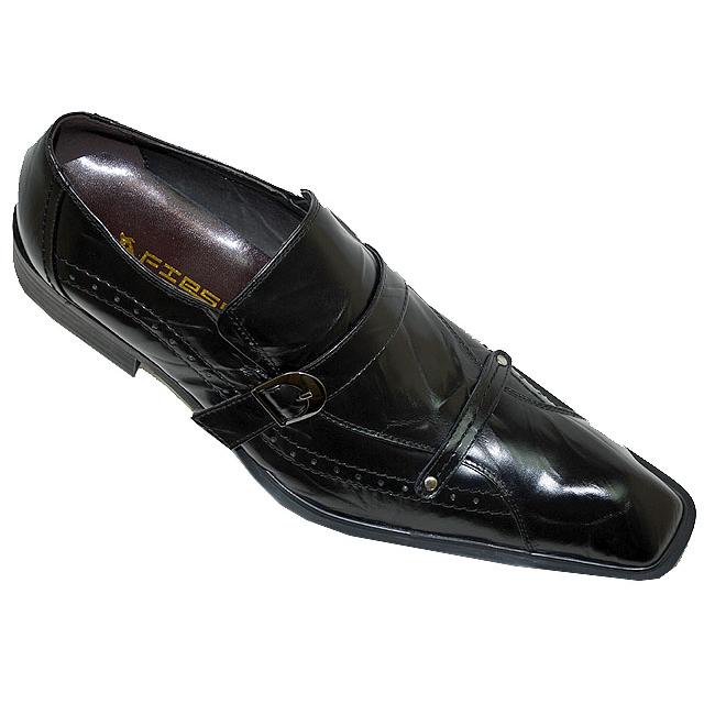 Fiesso Black Pointed Toe Wrinkle Leather Shoes With Monk Strap & Buckle ...
