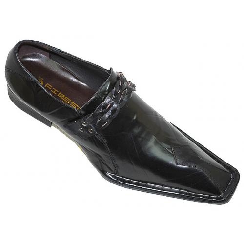 Fiesso Black Pointed Toe Wrinkle Leather Shoes With Weaved Leather Bracelet And Unique Leather Insert On Front FI6424