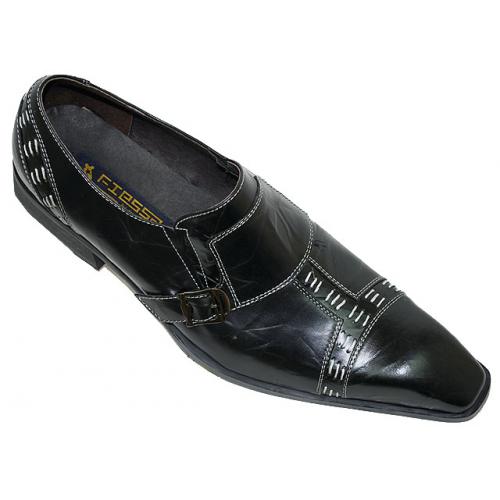 Fiesso Black Pointed Toe Wrinkle Leather Shoes With White Stitching And Buckle On The Side FI8134