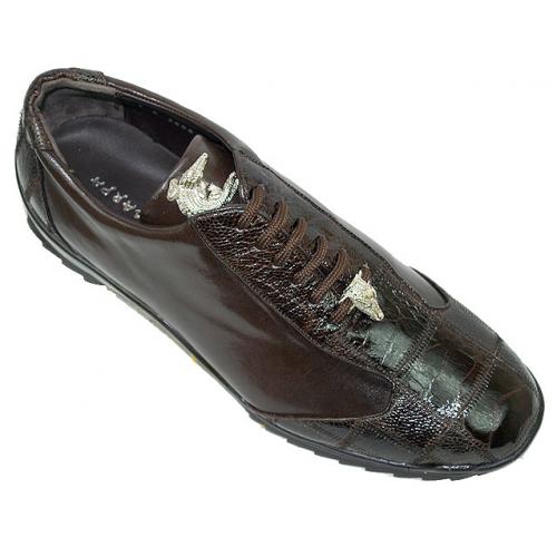 La Scarpa "Zeus" Brown Genuine Ostrich And Lambskin Leather Casual Sneakers With Silver Alligator On Front