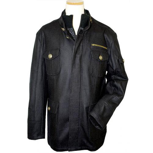 Black Diamond Black High Neck Double Collar 3/4 Length Wool Blend Coat With Big Metal Buttons
