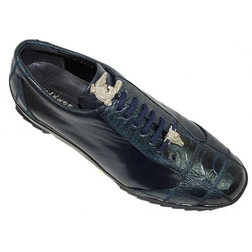 La Scarpa "Zeus" Navy Blue Genuine Ostrich And Lambskin Leather Casual Sneakers With Silver Alligator On Front