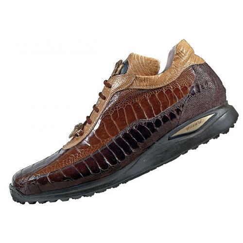 Mauri "Desert" 8727 Dark Brown / Kango Tabac / Light Caramel Genuine  All-Over Ostrich Sneakers With Gold Mauri Alligator Head