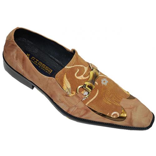 Fiesso Beige With Gold Laser Design Pointed Toe Genuine Leather Shoes With Bracelet FI8144.