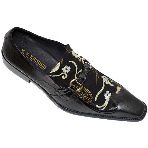 Fiesso Black With Cream Laser Design Pointed Toe Genuine Leather Loafer Shoes With Bracelet FI8144