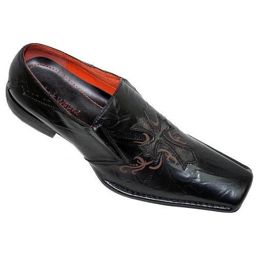 Robert Wayne "Lamp" Black With Cross Design Denim On Front Leather Loafers