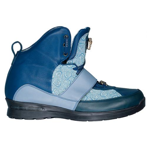 Fennix Italy  3184 Denim Blue/Navy Blue Genuine Alligator/Fennix Fabric/ Calf Leather Monk Strap Sneakers With Swarovski Crystals Alligator Head