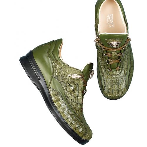 Fennix Italy 3044 Forest Green All-Over Genuine Hornback Crocodile Tail/Calf Leather Sneakers With Eyes And Silver Alligator Head