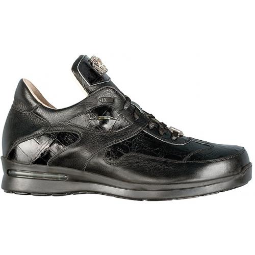 Fennix Italy 3195 Black Genuine Hornback Crocodilel/Calf Leather Sneakers With Eyes & Swarovski Crystals Alligator Head