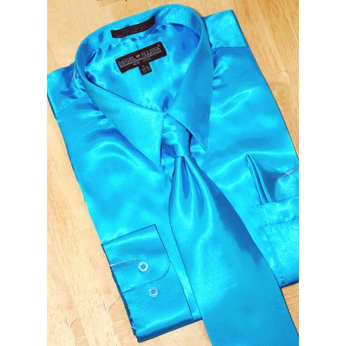 Daniel Ellissa Satin Turquoise Dress Shirt/Tie/Hanky Set