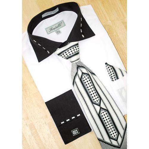 Fratello White/Black w/ Dash Design Shirt/Tie/Hanky Set DS3721P2