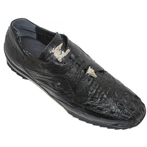 La Scarpa "Hector" Black Genuine Hornback Crocodile And Ostrich Leg Casual Sneakers With Silver Alligator On Front