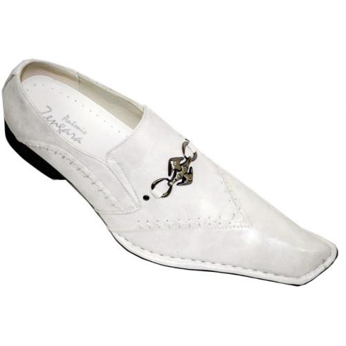 Antonio Zengara White Diagonal Toe Leather Shoes With White Stitching And Metal Bracelets With Rhine Stones - A400829