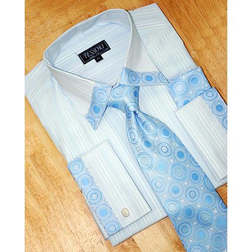 Tessori Sky Blue Self Striped Shirt/Tie/Hanky Set SH-15