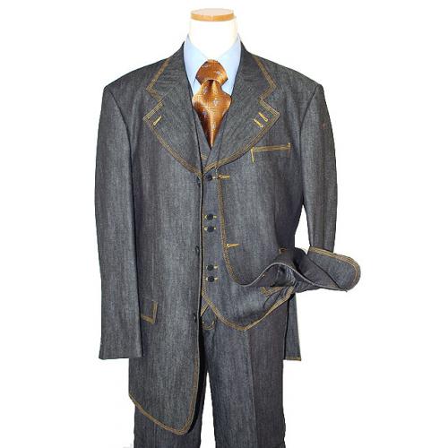 Il Canto Black With Triple Gold Hand-Pick Stitching Vested 100% Cotton Denim Suit 8278