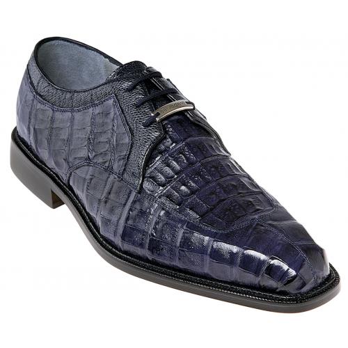 Belvedere "Susa" Navy All-Over Genuine Hornback Crocodile Shoes With Quill Ostrich Trim P32.