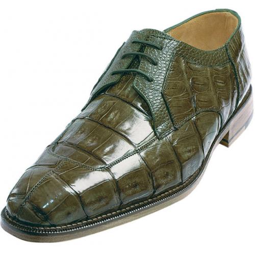 Belvedere "Susa" Olive All-Over Genuine Hornback Crocodile Shoes With Quill Ostrich Trim