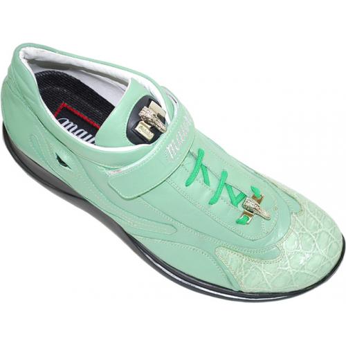 Mauri 8931 "MiMi" Spring Green Genuine Crocodile Flanks And Nappa Leather Sneakers With Eyes, Silver Mauri Alligator Head & Mauri Logo Monk Strap