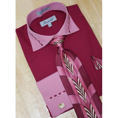 Fratello Wine/Mauve/Dash Design Shirt/Tie/Hanky Set DS3721P2