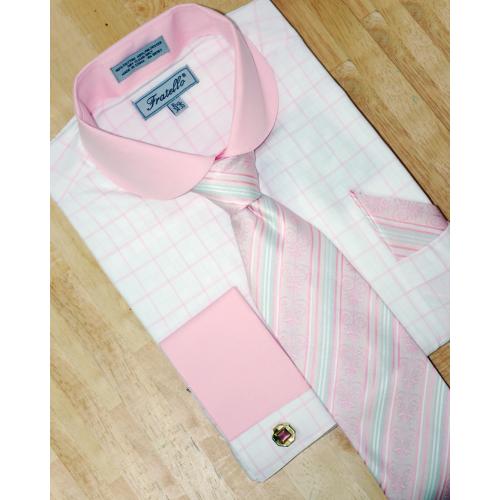Fratello White/Pink w/Windowpanes Shirt/Tie/Hanky Set With Free Cufflinks FRV4102