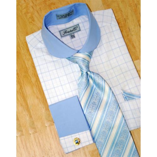 Fratello White/Sky Blue w/Windowpanes Shirt/Tie/Hanky Set With Free Cufflinks FRV4102
