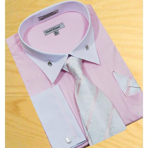 Daniel Ellissa Pink/White With Embroidered Design  Shirt/Tie/Hanky Set DS3736P2