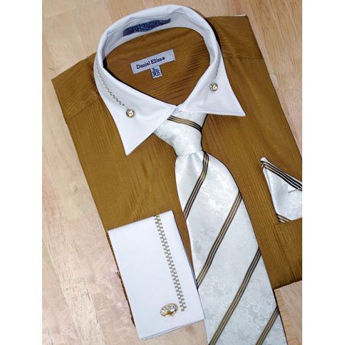 Daniel Ellissa Mustard/White With Embroidered Design  Shirt/Tie/Hanky Set DS3736P2