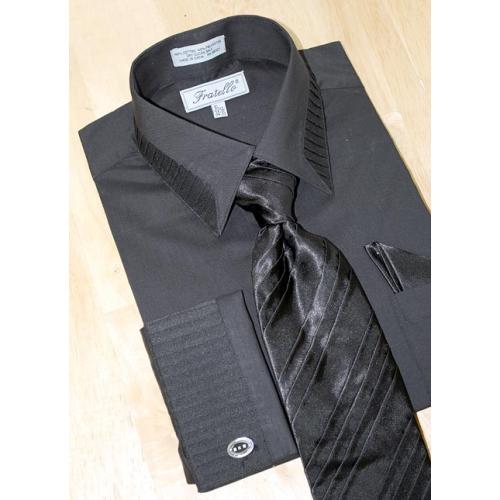 Fratello Black Pleated Collar /Pleated French Cuffs Shirt w/Pleated Tie/Hanky Set FRV4103