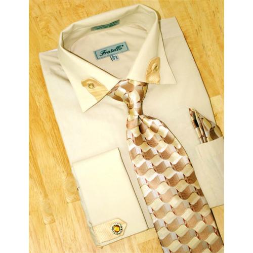 Fratello Beige/Brown Tabbed Collar/French Cuffs Shirt/Tie/Hanky Set With Free Cufflinks FRV4101