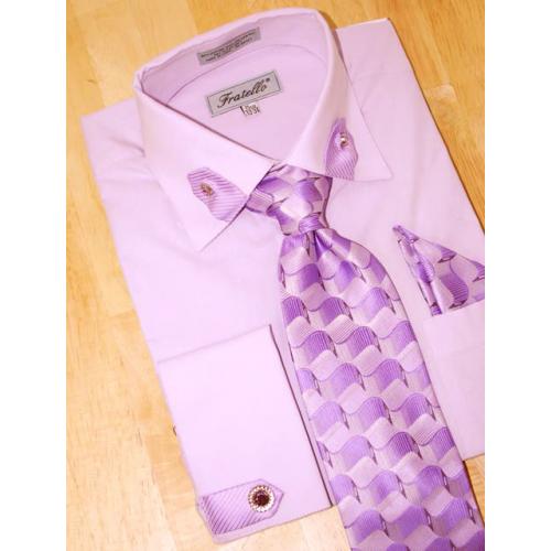 Fratello Lavender/Purple Tabbed Collar/French Cuffs Shirt/Tie/Hanky Set With Free Cufflinks FRV4101