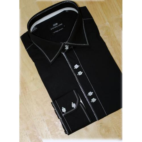 Steven Land Black With White Double Hand Pick Stitch And Spread Collar 100% Cotton Shirt With French Cuffs DS592