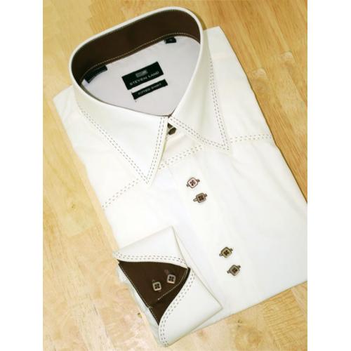Steven Land Cream With Brown Hand Pick Stitch And Spread Collar 100% Cotton Shirt With French Cuffs DS571