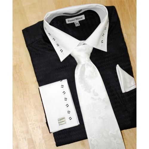 Daniel Ellissa Black /White With Embroidered Design  Shirt/Tie/Hanky Set DS3737P2