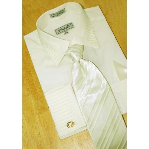 Fratello Ivory Pleated Collar /Pleated French Cuffs Shirt w/Pleated Tie/Hanky Set FRV4103