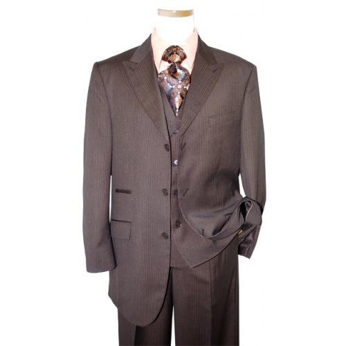 Bertolini Chocolate Brown With Beige Pinstripes Super 140'S Merino Wool & Silk Blend Suit 68807