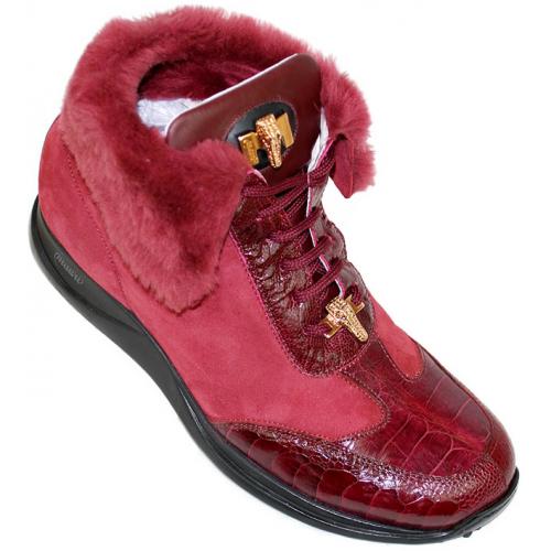 Mauri 8777 Ruby Red Genuine Baby Crocodile / Ostrich Boots With Fur Lining