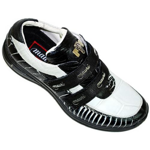 Mauri  8726 White/Black Genuine Alligator/Ostrich Sneakers With Velcro Straps