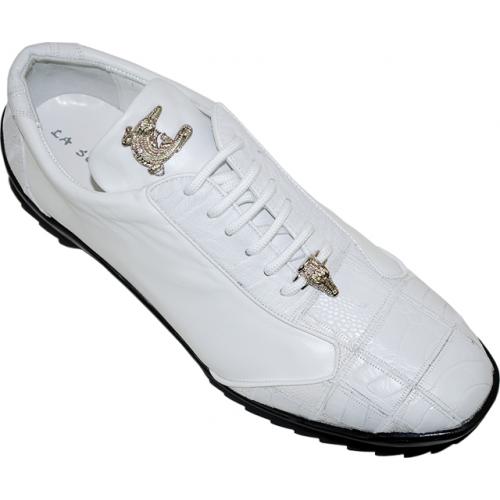 La Scarpa "Zeus" White Genuine Ostrich And Lambskin Leather Casual Sneakers With Silver Alligator On Front
