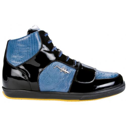 Belvedere "Magic 2902" Black/Jean Genuine Crocodile / Lizard And Patent Leather Sneakers With Crocodile On The Side