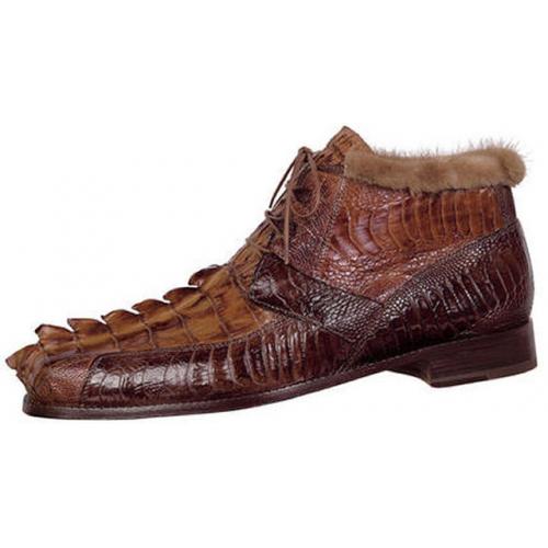 Mauri 2179 "Excelsior" Hand-Painted Kango Tabac / Dark Brown Genuine Hornback Crocodile Tail / Ostrich Leg Leather Boots With Fur