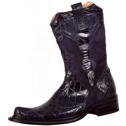Mauri 44158 "Chatelet" Wonder Blue Alligator/Ostrich Leg/Suede Boots With Silver Mauri Alligator Head on Side